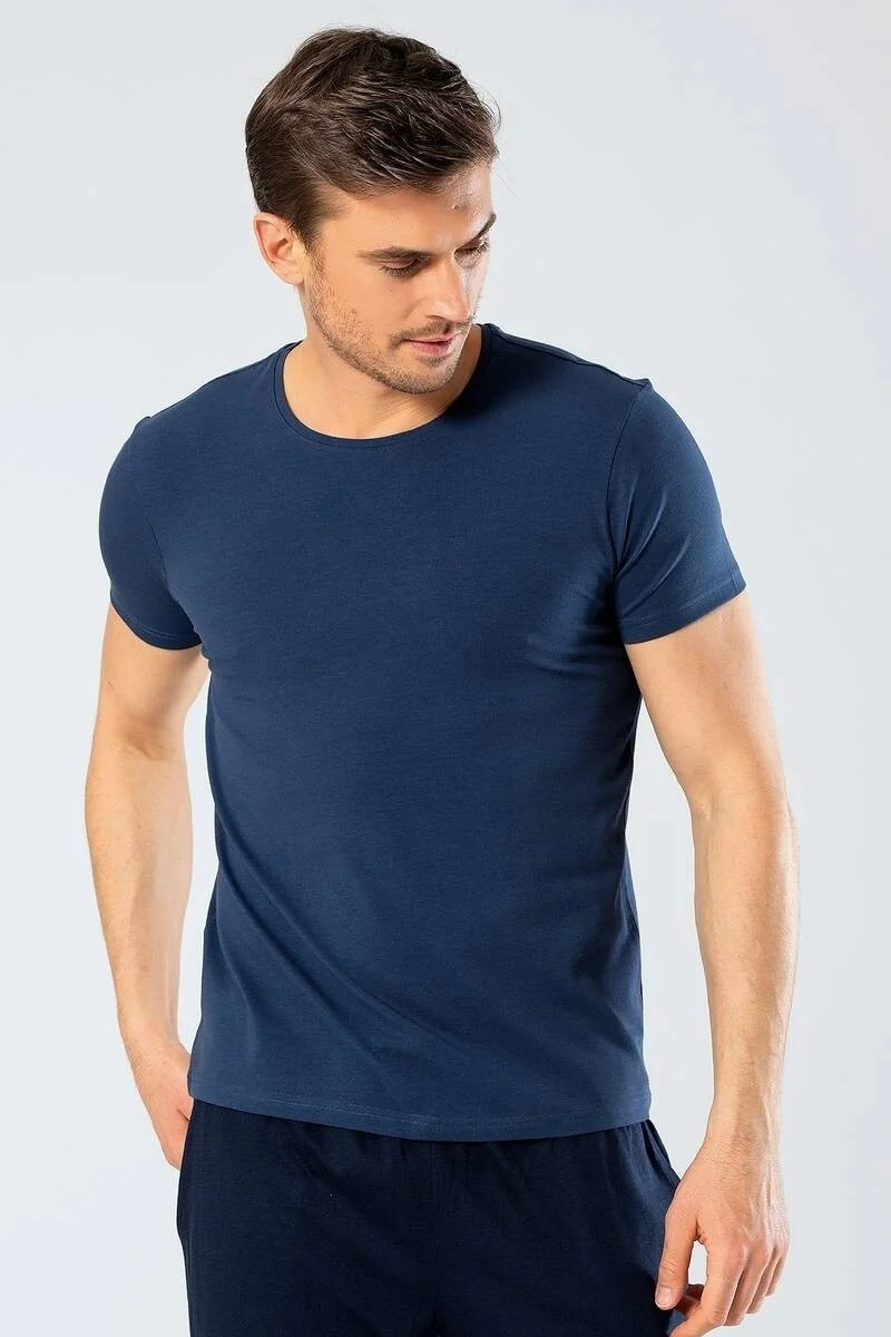 كاشاريل Men's Crew Neck Lycra T-shirt Navy Blue