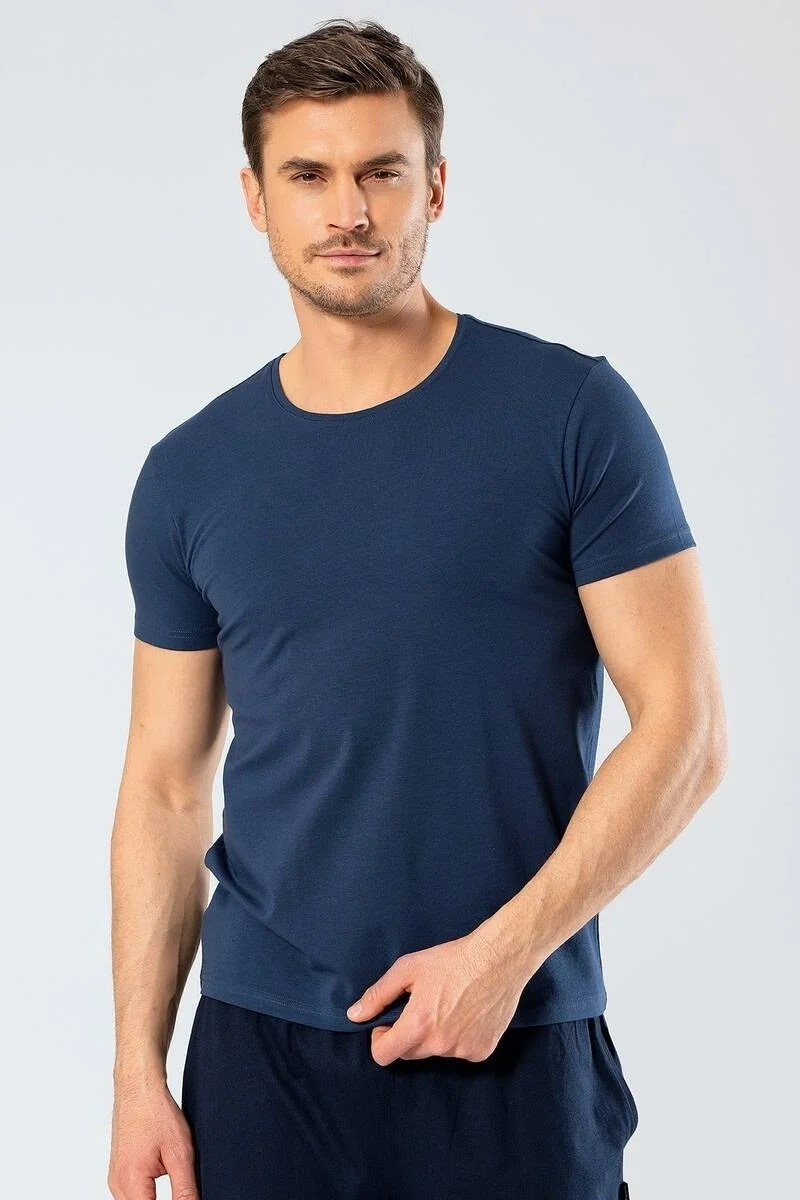 كاشاريل Men's Crew Neck Lycra T-shirt Navy Blue