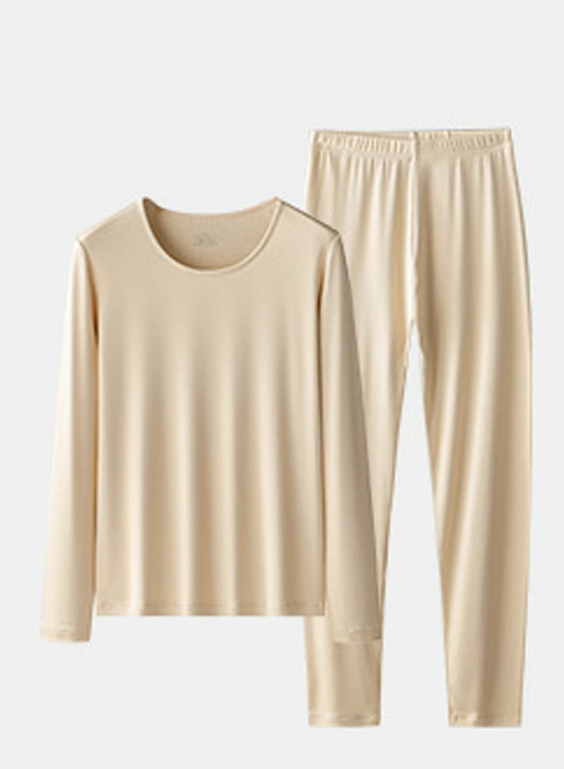 Loquat Womens Solid Color Thin Seamless Long Johns And Round Neck Thermal Underwear Set 2 Piece Base Layer Set for  Women Beige 