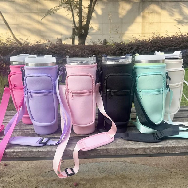 Water Bottle Carrier Bag with Adjustable Shoulder Strap, Mint Green, Insulated Holder with Zippered Pocket - Image 3