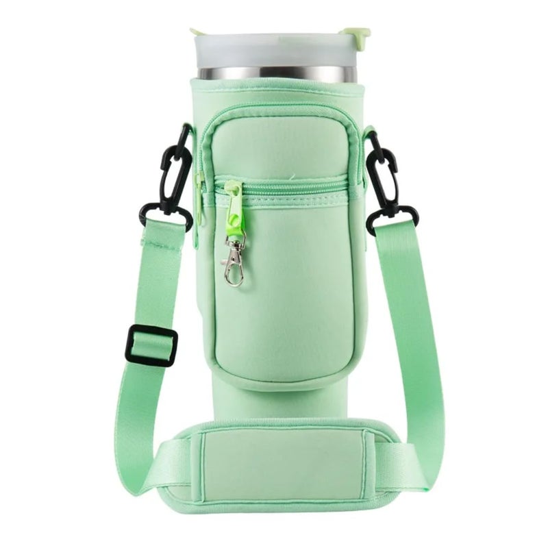 Water Bottle Carrier Bag with Adjustable Shoulder Strap, Mint Green, Insulated Holder with Zippered Pocket - Image 1