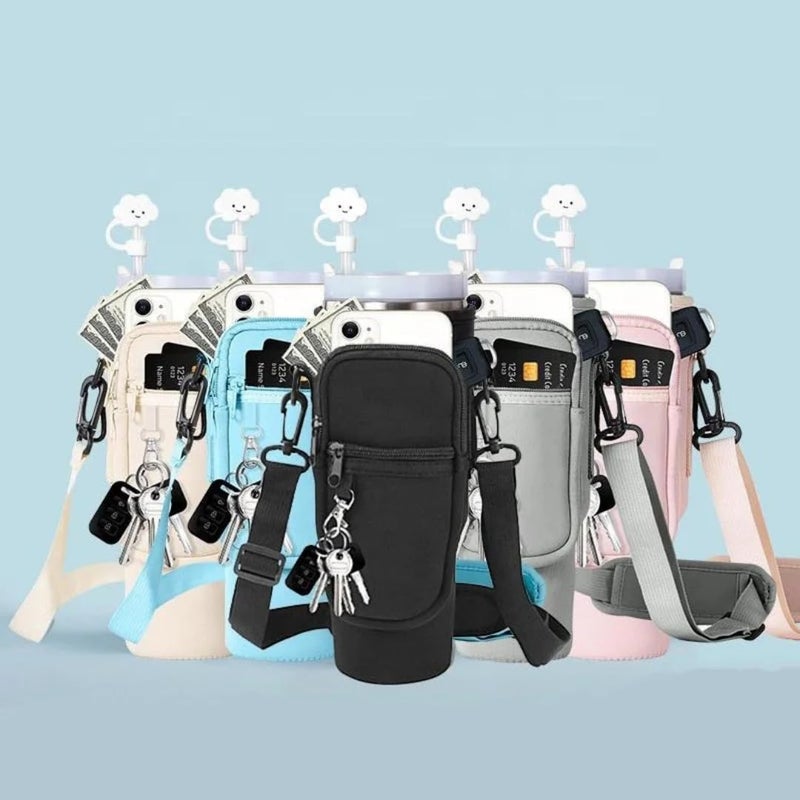 Water Bottle Carrier Bag with Adjustable Shoulder Strap, Mint Green, Insulated Holder with Zippered Pocket - Image 2