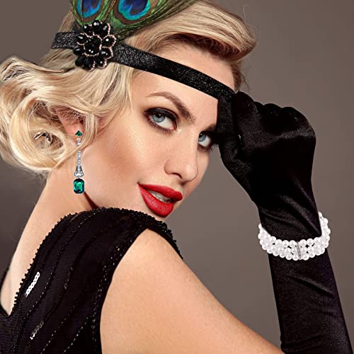 PLULON 7 Pieces 1920s Flapper Great Gatsby Accessories Set Fashion Roaring 20's Theme Set with Headband Headpiece Long Black Gloves Necklace Earrings for Women(Style 5) - Image 4