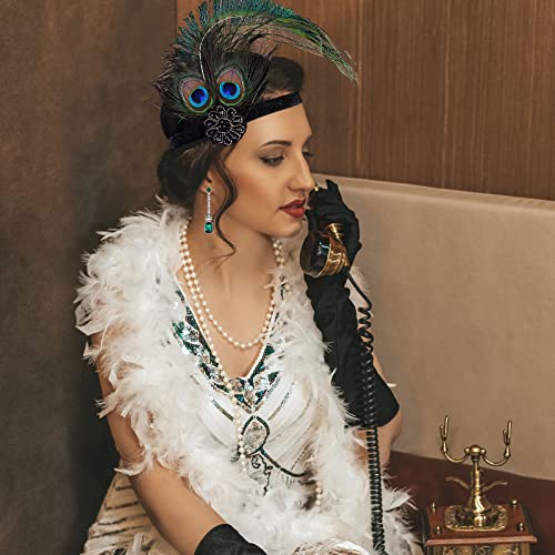 PLULON 7 Pieces 1920s Flapper Great Gatsby Accessories Set Fashion Roaring 20's Theme Set with Headband Headpiece Long Black Gloves Necklace Earrings for Women(Style 5) - Image 3