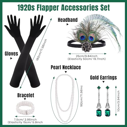PLULON 7 Pieces 1920s Flapper Great Gatsby Accessories Set Fashion Roaring 20's Theme Set with Headband Headpiece Long Black Gloves Necklace Earrings for Women(Style 5) - Image 2