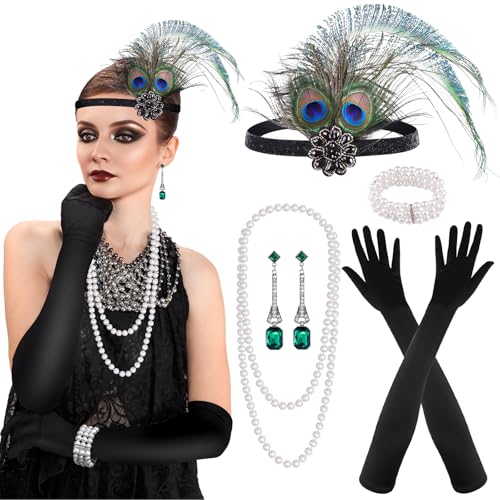 PLULON 7 Pieces 1920s Flapper Great Gatsby Accessories Set Fashion Roaring 20's Theme Set with Headband Headpiece Long Black Gloves Necklace Earrings for Women(Style 5) - Image 1