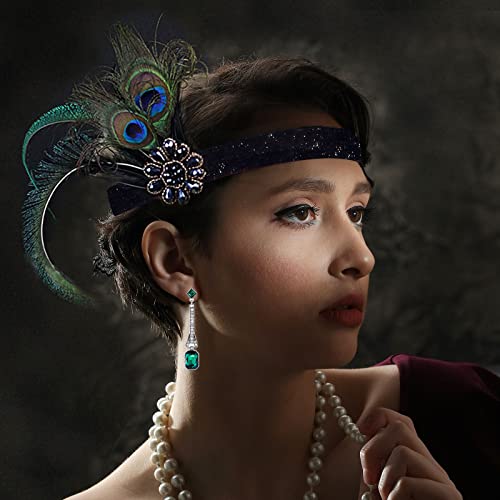 PLULON 7 Pieces 1920s Flapper Great Gatsby Accessories Set Fashion Roaring 20's Theme Set with Headband Headpiece Long Black Gloves Necklace Earrings for Women(Style 5) - Image 5