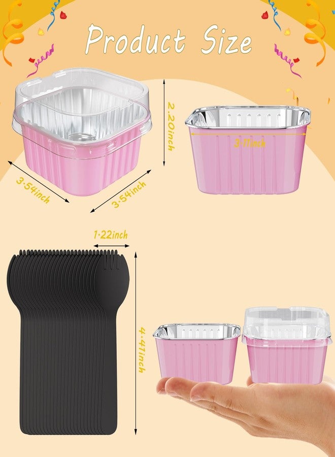 Ksmxos 25 Pack Square Mini Cake Pans with Lids,Mini Loaf Pans with Lids,Aluminum Foil Baking Cups,Disposable Ramekins Cupcake Cups,Dessert Cups for Wedding Birthday Party Picnics,5oz (Pink) - Image 2