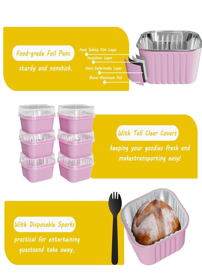 Ksmxos 25 Pack Square Mini Cake Pans with Lids,Mini Loaf Pans with Lids,Aluminum Foil Baking Cups,Disposable Ramekins Cupcake Cups,Dessert Cups for Wedding Birthday Party Picnics,5oz (Pink) - Image 4