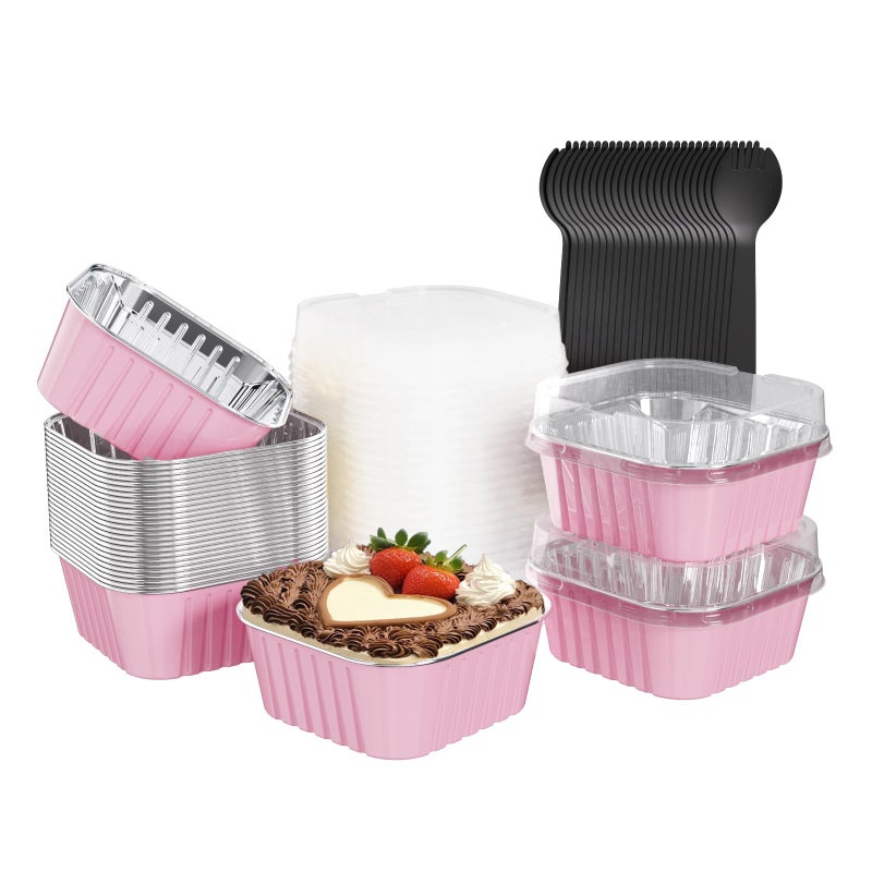 Ksmxos 25 Pack Square Mini Cake Pans with Lids,Mini Loaf Pans with Lids,Aluminum Foil Baking Cups,Disposable Ramekins Cupcake Cups,Dessert Cups for Wedding Birthday Party Picnics,5oz (Pink) - Image 1