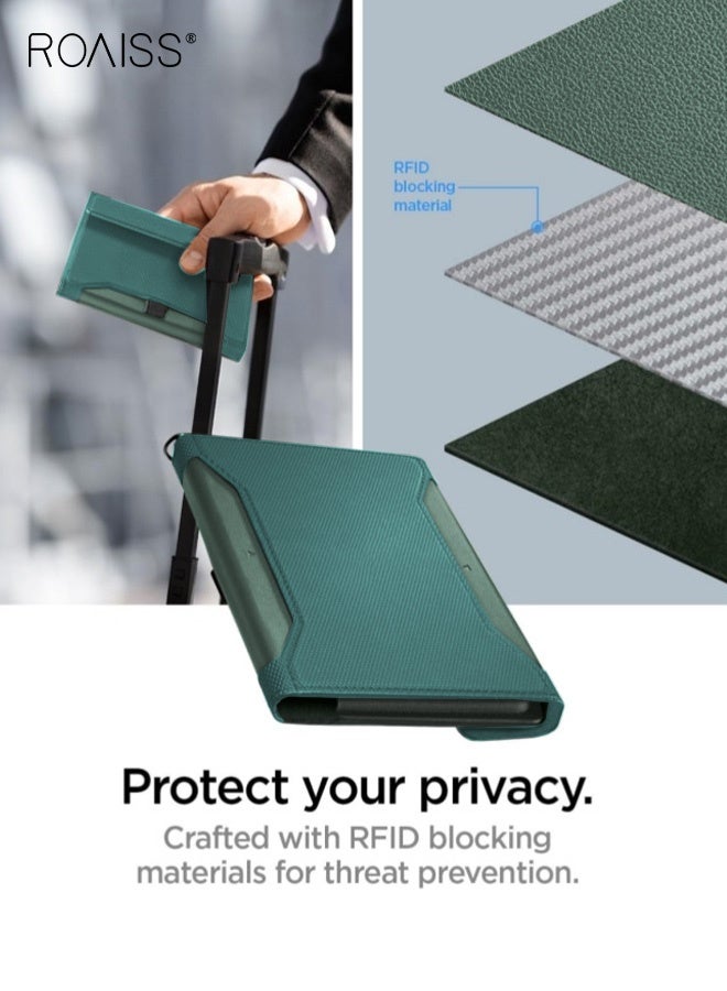 رويس غطاء جواز سفر متعدد الوظائف، منظم مستندات بسعة كبيرة، حامل تذاكر طيران مضاد للتجسس بتقنية تحديد الهوية بموجات الراديو، حامل جواز سفر سفر من البولي يوريثان بلون سادة بسيط مع قفل مغناطيسي، أخضر - Image 5