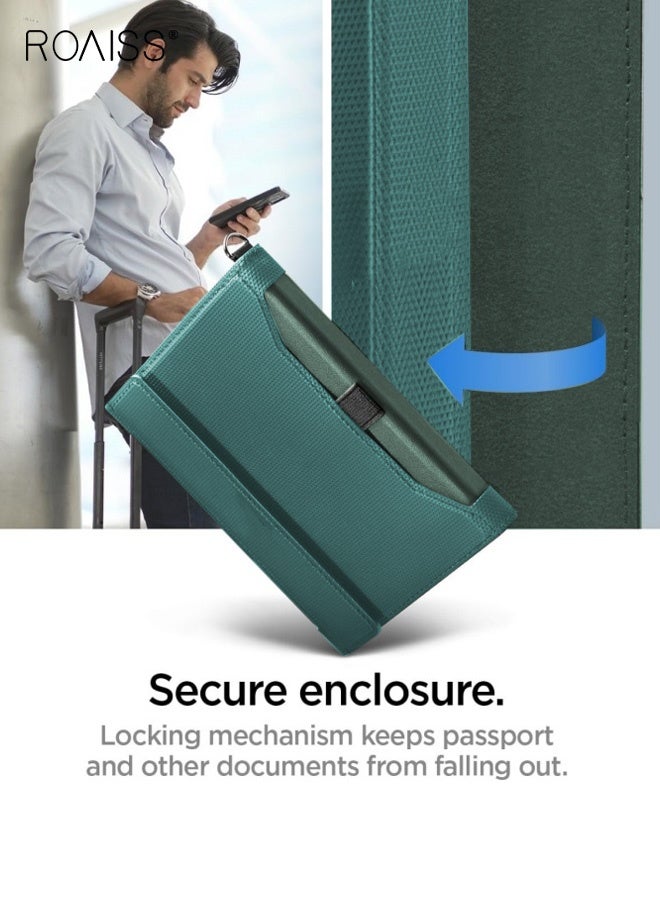 رويس غطاء جواز سفر متعدد الوظائف، منظم مستندات بسعة كبيرة، حامل تذاكر طيران مضاد للتجسس بتقنية تحديد الهوية بموجات الراديو، حامل جواز سفر سفر من البولي يوريثان بلون سادة بسيط مع قفل مغناطيسي، أخضر - Image 2