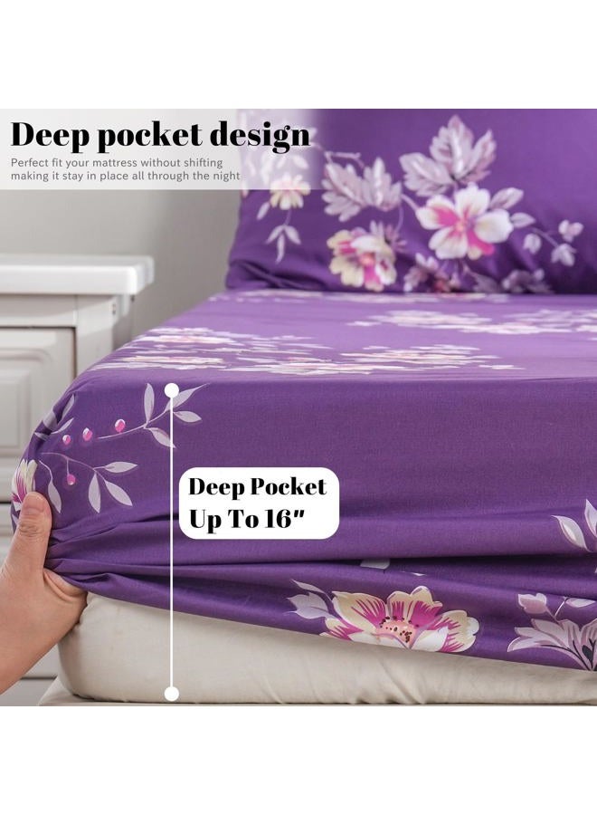 Bedlifes Full Sheet Set Ultra Soft, Breathable, Silky Flower Deep Pocket 100% Microfiber Bedding, 4 Piece Full Size Dark Purple Floral - Image 5