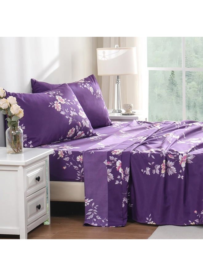 Bedlifes Full Sheet Set Ultra Soft, Breathable, Silky Flower Deep Pocket 100% Microfiber Bedding, 4 Piece Full Size Dark Purple Floral - Image 4