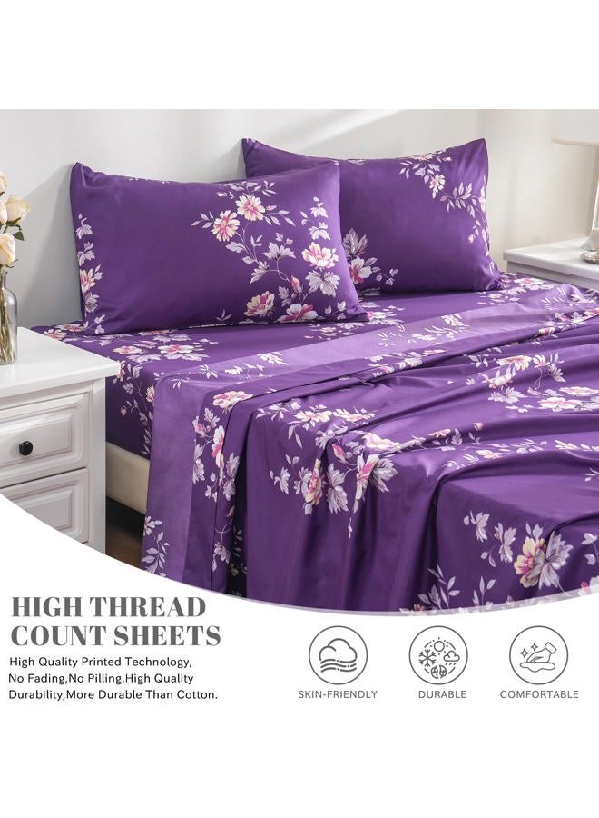 Bedlifes Full Sheet Set Ultra Soft, Breathable, Silky Flower Deep Pocket 100% Microfiber Bedding, 4 Piece Full Size Dark Purple Floral - Image 3