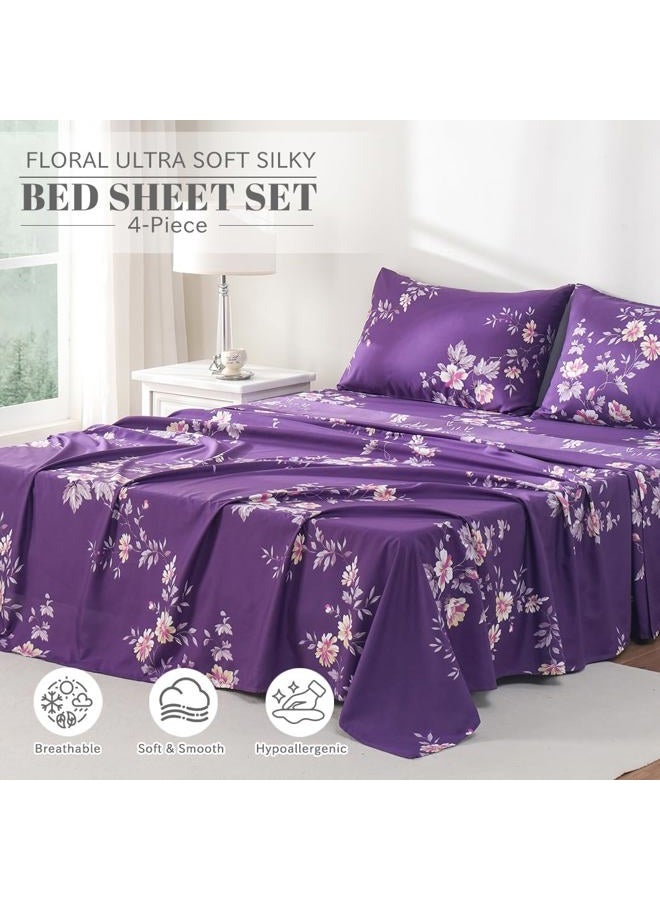 Bedlifes Full Sheet Set Ultra Soft, Breathable, Silky Flower Deep Pocket 100% Microfiber Bedding, 4 Piece Full Size Dark Purple Floral - Image 2