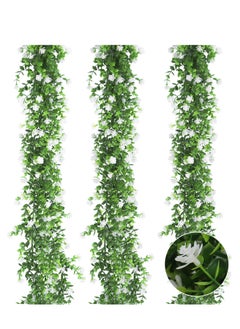 Faux Eucalyptus Garland, 5.5Ft Artificial Eucalyptus Vines with Mini White Flowers, Greenery Garland Vines, UV Protected Indoor Outdoor Decoration for Party, Wedding, Table, Runner, Doorways (3 Pack)