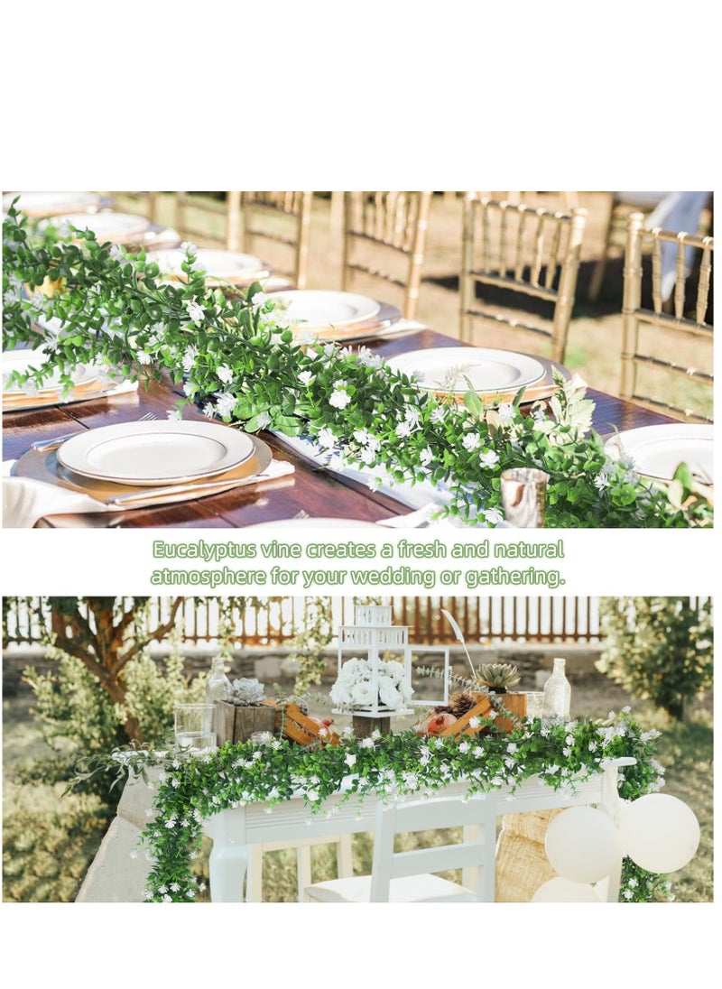 SYOSI - Faux Eucalyptus Garland, 5.5Ft Artificial Eucalyptus Vines with Mini White Flowers, Greenery Garland Vines, UV Protected Indoor Outdoor Decoration for Party, Wedding, Table, Runner, Doorways (3 Pack) - Image 1