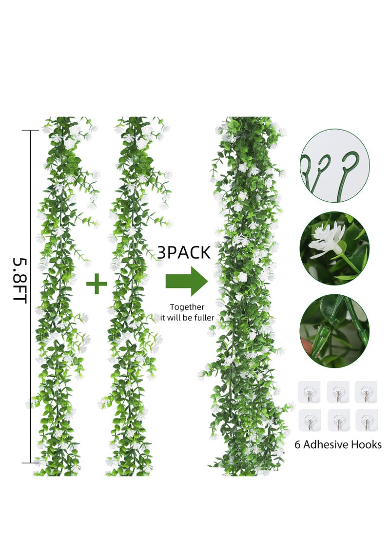 SYOSI - Faux Eucalyptus Garland, 5.5Ft Artificial Eucalyptus Vines with Mini White Flowers, Greenery Garland Vines, UV Protected Indoor Outdoor Decoration for Party, Wedding, Table, Runner, Doorways (3 Pack) - Image 1