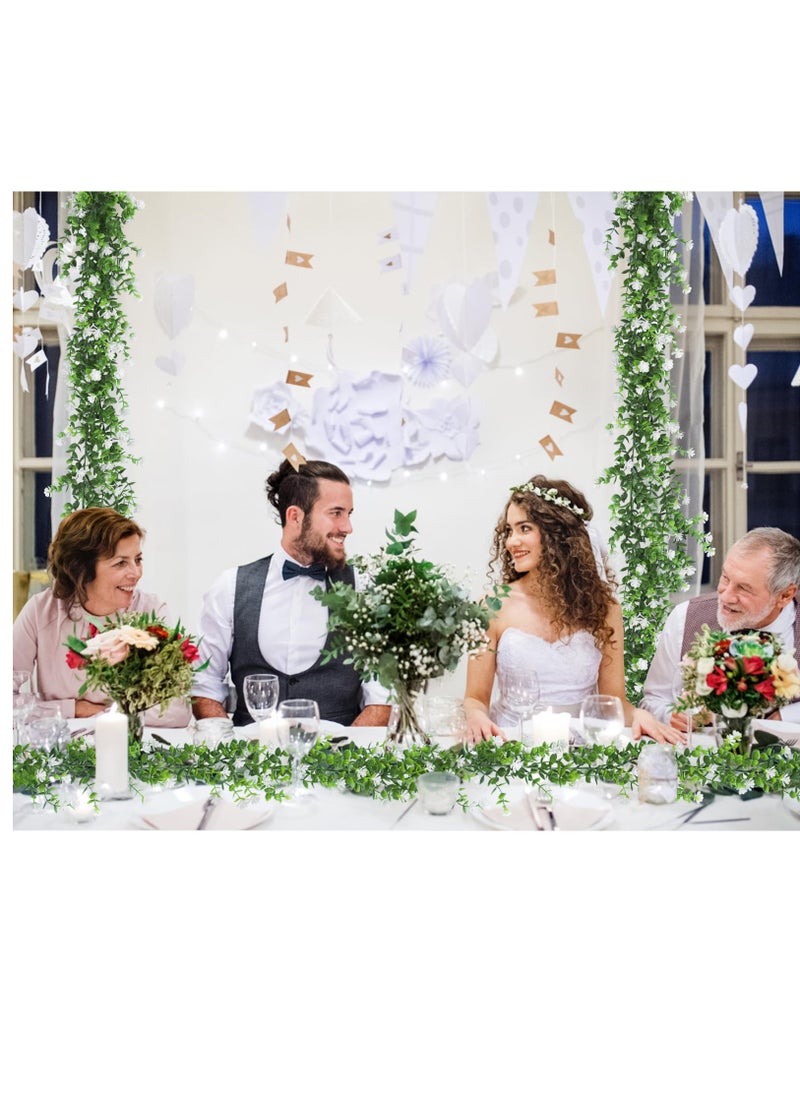 SYOSI - Faux Eucalyptus Garland, 5.5Ft Artificial Eucalyptus Vines with Mini White Flowers, Greenery Garland Vines, UV Protected Indoor Outdoor Decoration for Party, Wedding, Table, Runner, Doorways (3 Pack) - Image 1