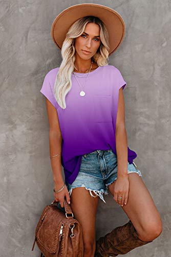 ANCAPELION Women’s Short Sleeve T-Shirt Summer Shirt Cozy Tunic Comfy Pocket Tee Top Gradient Purple Medium - Image 3