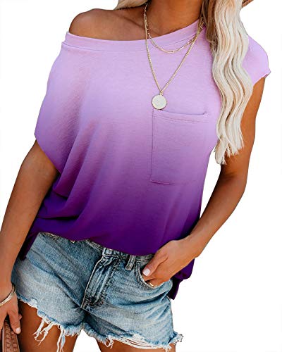 ANCAPELION Women’s Short Sleeve T-Shirt Summer Shirt Cozy Tunic Comfy Pocket Tee Top Gradient Purple Medium - Image 4