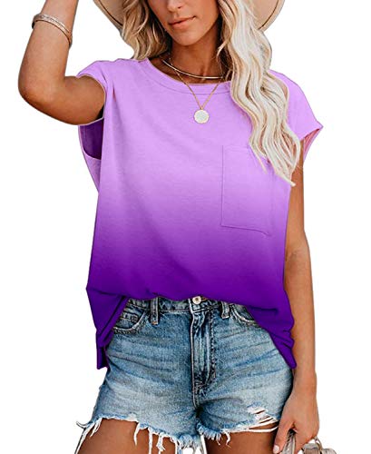 ANCAPELION Women’s Short Sleeve T-Shirt Summer Shirt Cozy Tunic Comfy Pocket Tee Top Gradient Purple Medium - Image 5