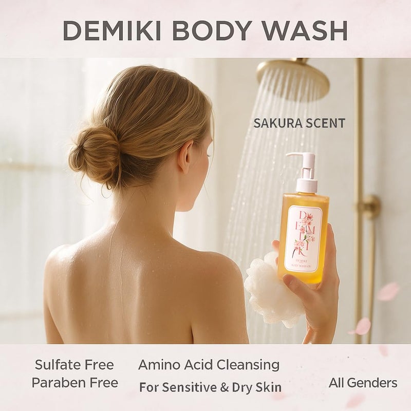 DEMIKI Body Wash Women Shower Gel for Dry and Sensitive SkinMoisturizing shower gel with Japanese Sakura ScentShower Gel of Sulfate FreeParaben Free pH Balanced Body Wash Natural Bodywash 10floz - Image 2