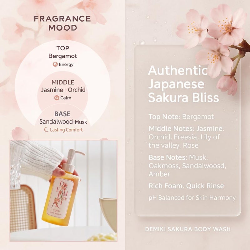 DEMIKI Body Wash Women Shower Gel for Dry and Sensitive SkinMoisturizing shower gel with Japanese Sakura ScentShower Gel of Sulfate FreeParaben Free pH Balanced Body Wash Natural Bodywash 10floz - Image 5