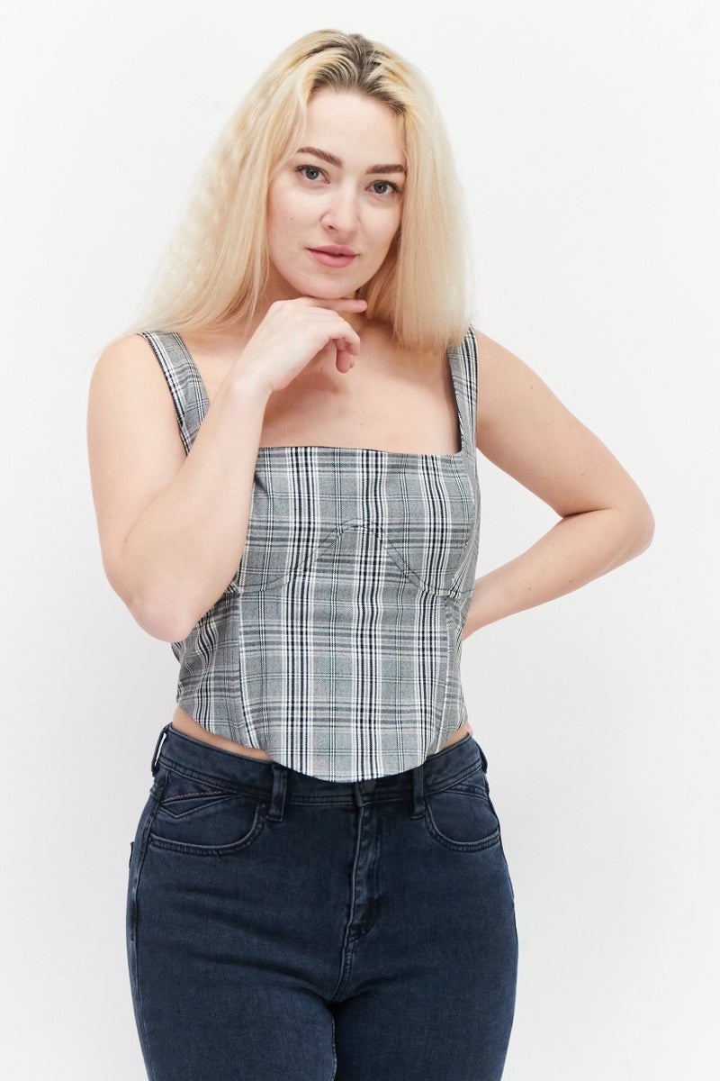 RIVER ISLAND Women Square Neck Sleeveless Checkered Crop Top, Multicolor - Image 1