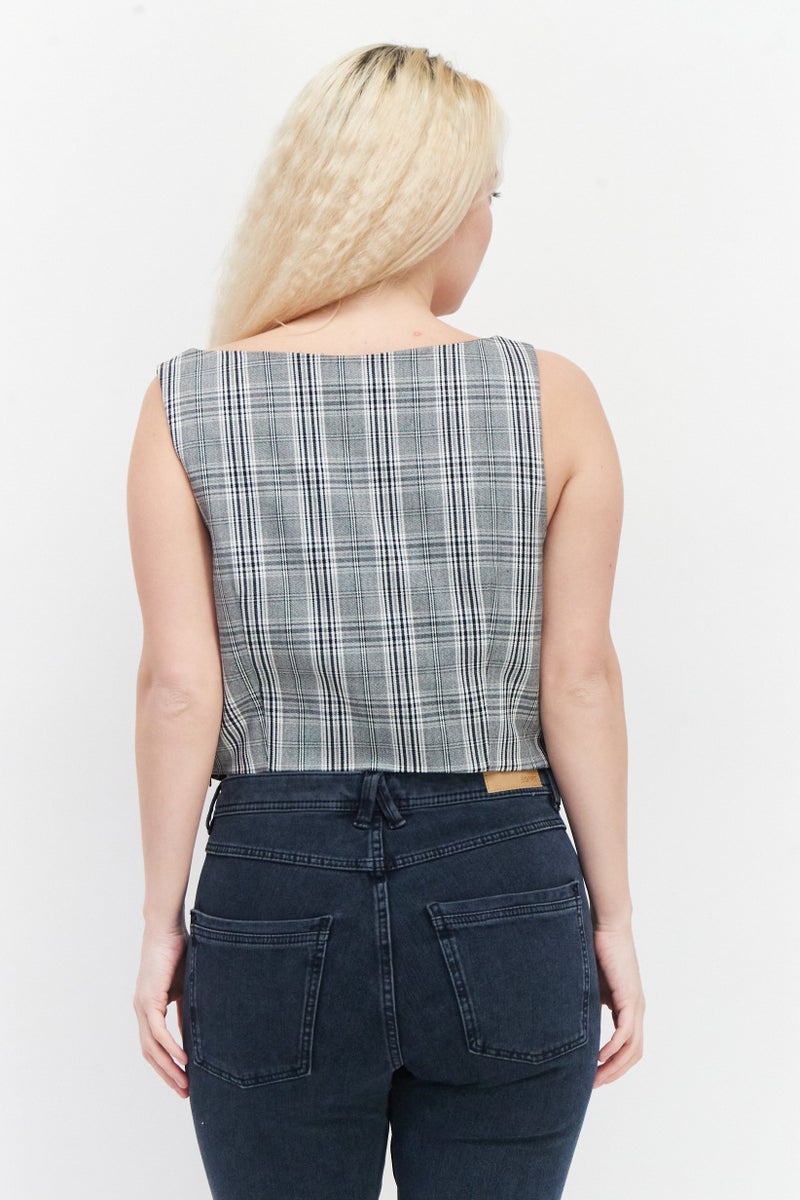 RIVER ISLAND Women Square Neck Sleeveless Checkered Crop Top, Multicolor - Image 2