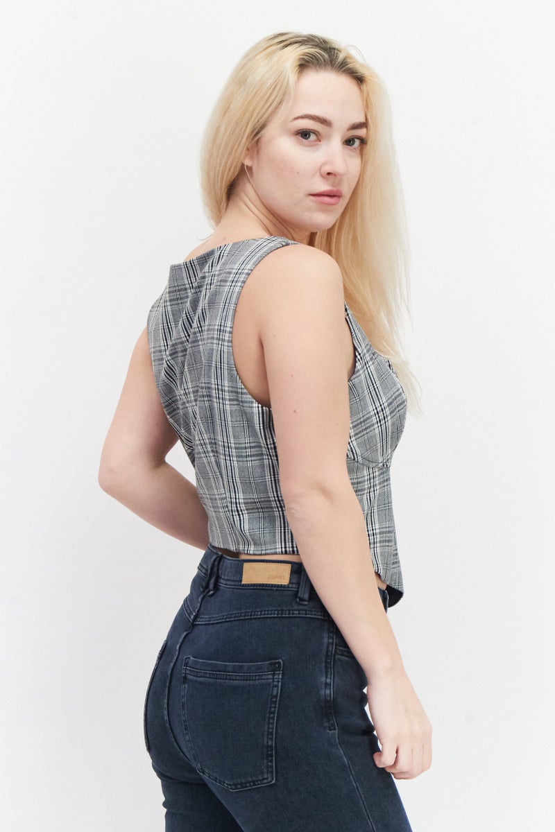 RIVER ISLAND Women Square Neck Sleeveless Checkered Crop Top, Multicolor - Image 4