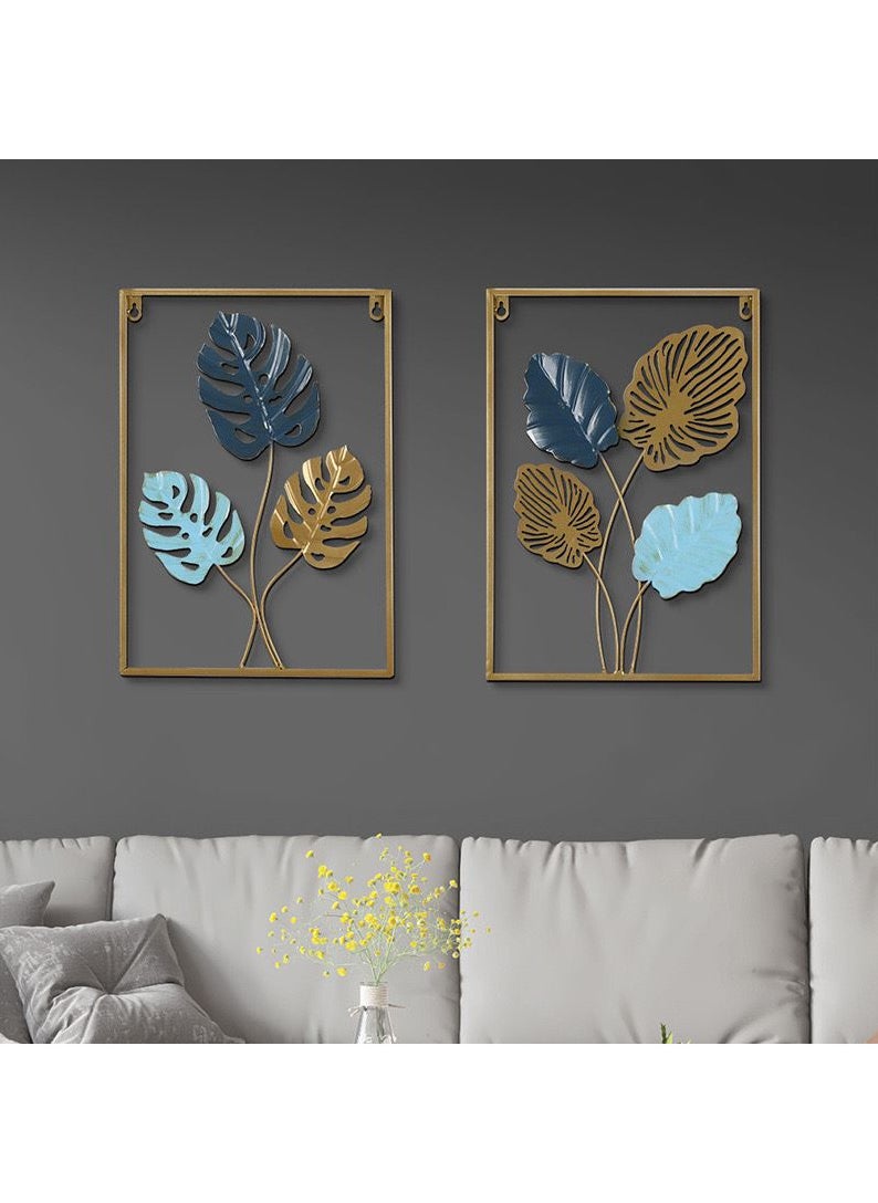 FASHION HOME - Home Decor Wall Metal Leaf 3D Iron Art Wall Sculptures Hanging Decorations Hollowed-out Picture with Gold Frame - Image 1
