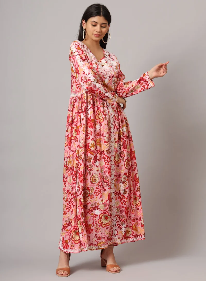 الايا جلابية قطنية مطبوعة مطرزة يدويًا من لاكناوي شيكانكاري-AL3936