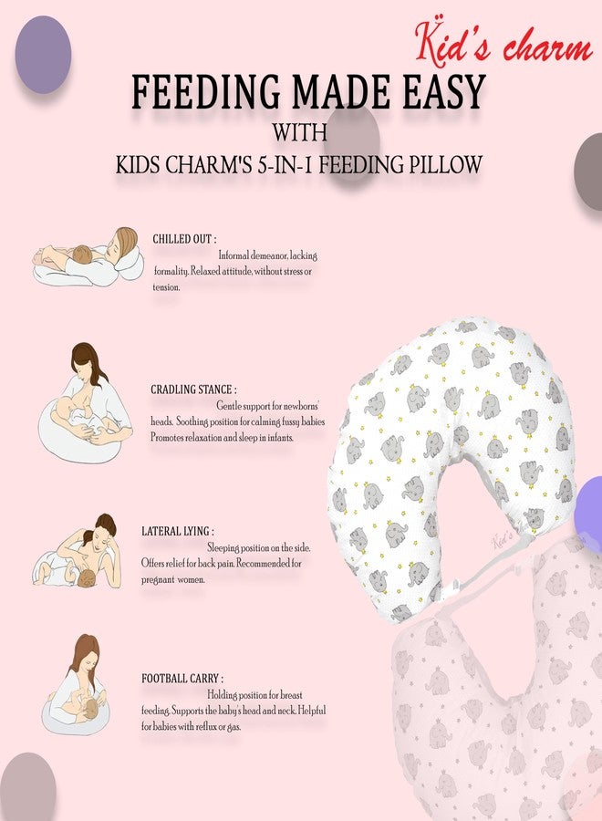 Kid's Charm وسادة رضاعة للأطفال حديثي الولادة من كيدز تشارم ستار إيليفانت - صغيرة محمولة 6 في 1، مناسبة للأطفال من عمر 0-4 أشهر، مزودة بغطاء قابل للإزالة، مصنوعة من القطن (رمادي). - Image 4