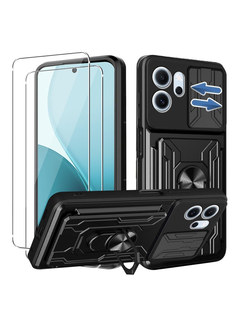 عام غلاف حماية لجهاز Oppo Reno 14F 5G، مع قطعتين من الزجاج المقوى، حامل مدمج، غطاء منزلق للكاميرا، حامل بطاقات قابل للإزالة، مقاوم للخدوش، مضاد للصدمات، مع إطار متين. - Image 1