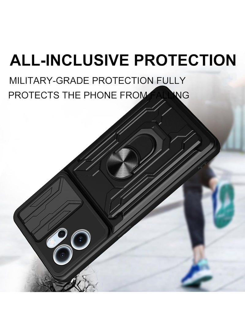 عام غلاف حماية لجهاز Oppo Reno 14F 5G، مع قطعتين من الزجاج المقوى، حامل مدمج، غطاء منزلق للكاميرا، حامل بطاقات قابل للإزالة، مقاوم للخدوش، مضاد للصدمات، مع إطار متين. - Image 2