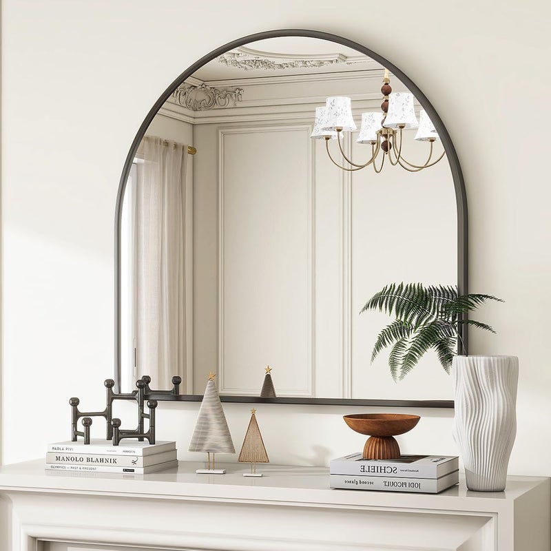 VooBang Wide Arched Wall Mirror, 31 x 32 inch Arch Bathroom Mirror, Wall Mounted Vanity Mirror with Arch Metal Frame, Modern Bathroom Vanity Mirror for Bedroom, Living Room, Hanging or Leaning, Black - Image 2