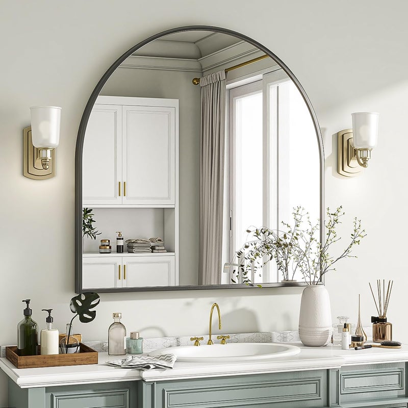 VooBang Wide Arched Wall Mirror, 31 x 32 inch Arch Bathroom Mirror, Wall Mounted Vanity Mirror with Arch Metal Frame, Modern Bathroom Vanity Mirror for Bedroom, Living Room, Hanging or Leaning, Black - Image 3