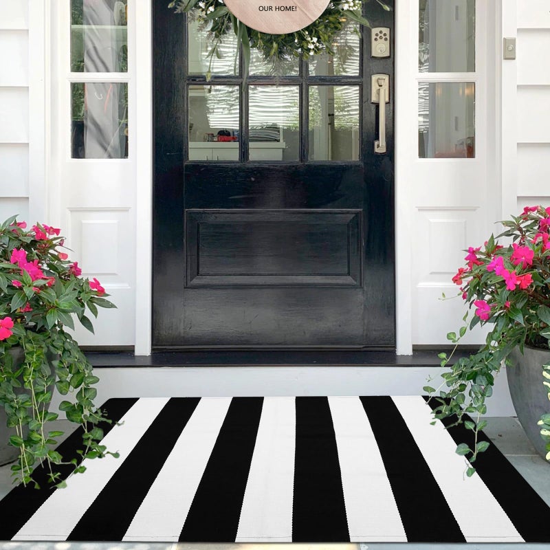 IOHOUZE Black Beige Striped Rug -2.3'x3.6' Front Door Rugs Outdoor, Small Washable Area Rug for Front Porch, Spring Summer Welcome Mats Outdoor Indoor, Doormat for Entryway Porch Entrance - Image 1