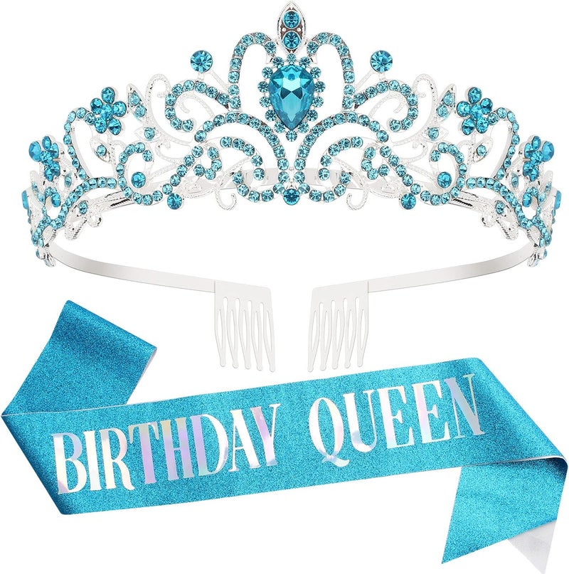 Velscrun Birthday Crowns for Women, Tiaras and Crown for Women, Tiara for Women Birthday Queen, Birthday Crown and Sash for Women, Blue Rhinestone Queen Tiara with Birthday Girl Sash, Birthday Princess Tiara - Image 1