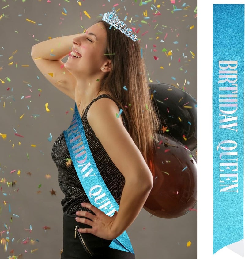 Velscrun Birthday Crowns for Women, Tiaras and Crown for Women, Tiara for Women Birthday Queen, Birthday Crown and Sash for Women, Blue Rhinestone Queen Tiara with Birthday Girl Sash, Birthday Princess Tiara - Image 2