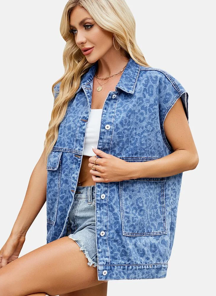 YUNIQEE Blue Printed Regular Fit Sleeveless Denim Jacket