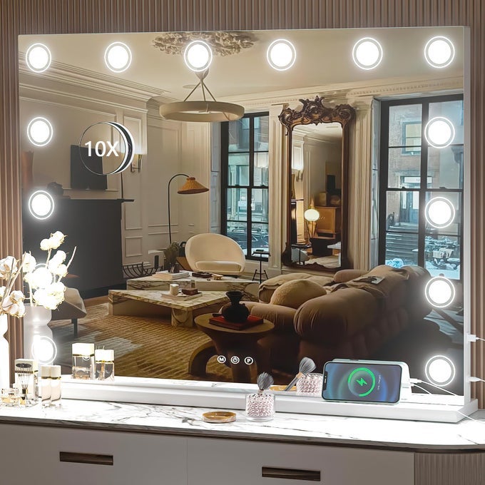VANITY MIRROR WITH LIGHTS 32 X 24 MAKEUP MIRROR LIGHT UP MIRROR WITH 14 DIMMABLE LED LIGHTS AND 10X MAGNIFICATION 3 COLORS MODES TOUCH CONTROL USB CHARGING PORT WHITE