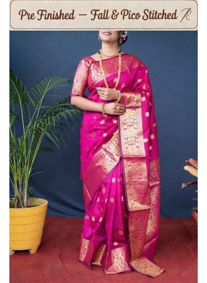Premium Soft Lichi Silk Saree with Rich Jacquard Pallu & Traditional Weaving |Fall & Pico Stitched - Image 1