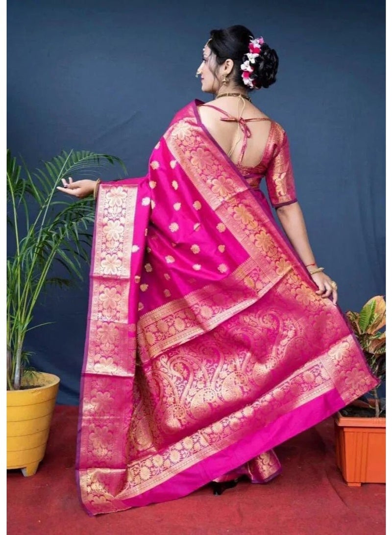 Premium Soft Lichi Silk Saree with Rich Jacquard Pallu & Traditional Weaving |Fall & Pico Stitched - Image 3