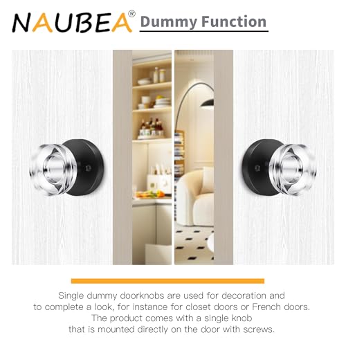 naubea 4 Pack Black Door Knob Dummy Door Knobs Crystal Door Knobs Interior Vintage Glass Door Knob Round Crystal Door Knob Matte Black Door Handle for Pantry Closet Bifold Door Knob - Image 3