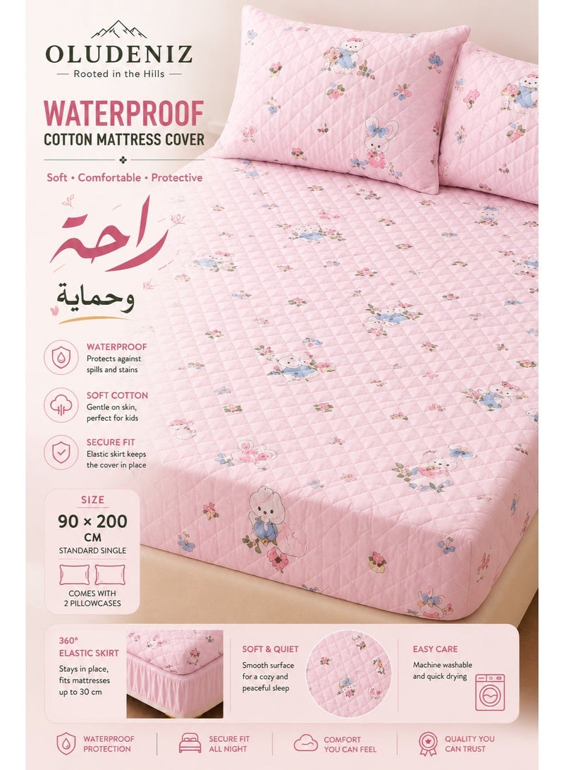 OLUDENIZ Waterproof Cotton Mattress Cover 90*200 cm – Soft, Quilted, and Breathable with 2 Pillowcases - Image 4