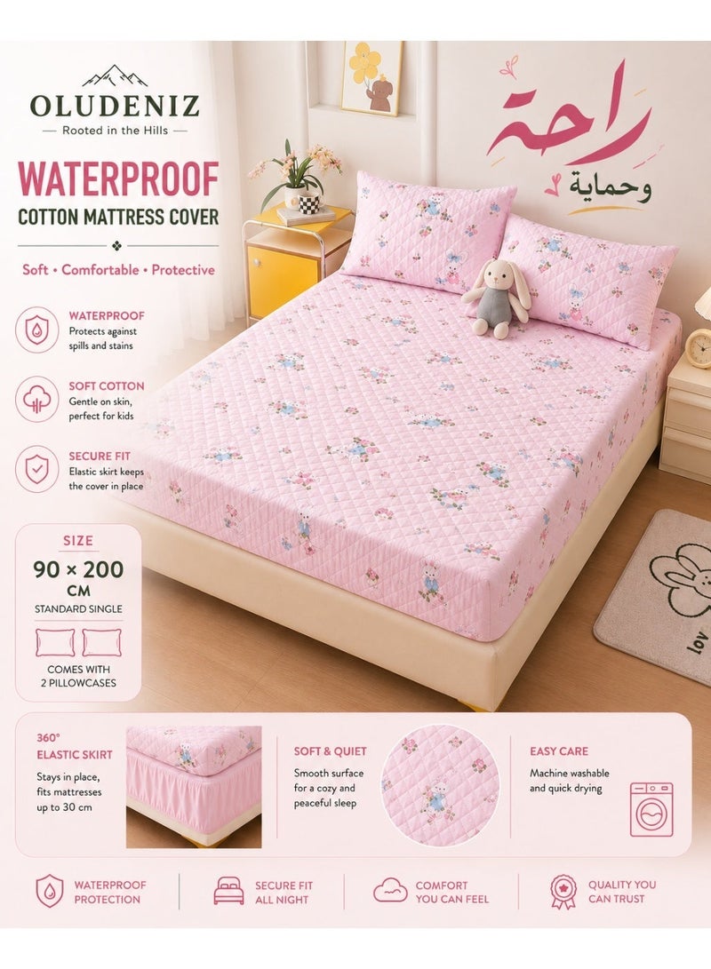 OLUDENIZ Waterproof Cotton Mattress Cover 90*200 cm – Soft, Quilted, and Breathable with 2 Pillowcases - Image 1