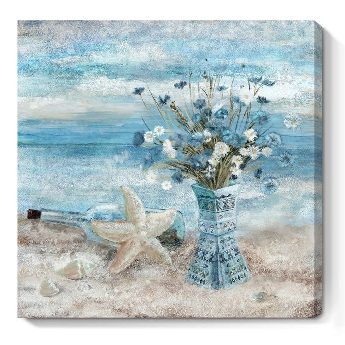 BATHROOM DECOR WALL ART BLUE BEACH PICTURE OCEAN THEME FLOWER CANVAS PRINT MODERN COASTAL SEASCAPE PAINTING FRAMED SEASIDE ARTWORK FLORAL DAISY IN INDIAN VASE FOR HOME SEA LAKE BEDROOM 14X14INCH